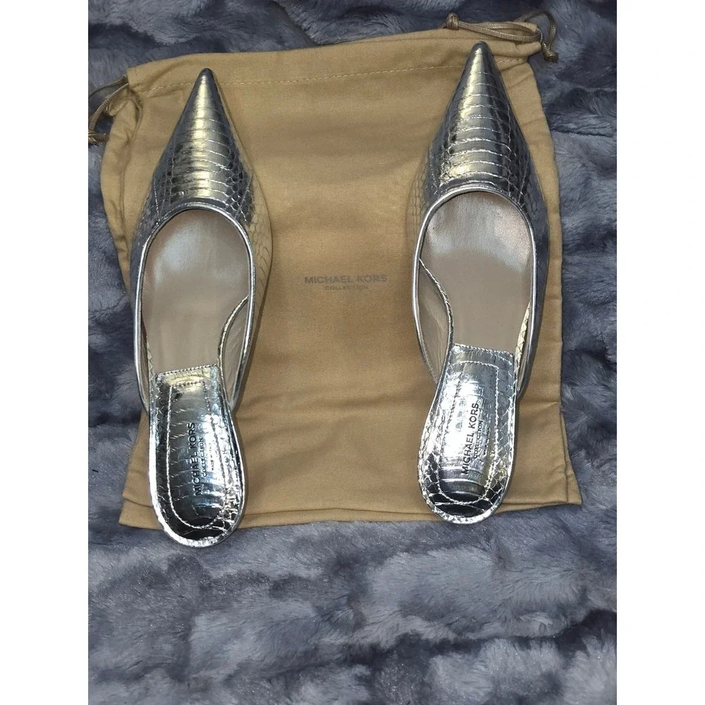 NWB Michael Kors Collection Calista Silver Metallic Snake Print Mule SZ 6.5‎